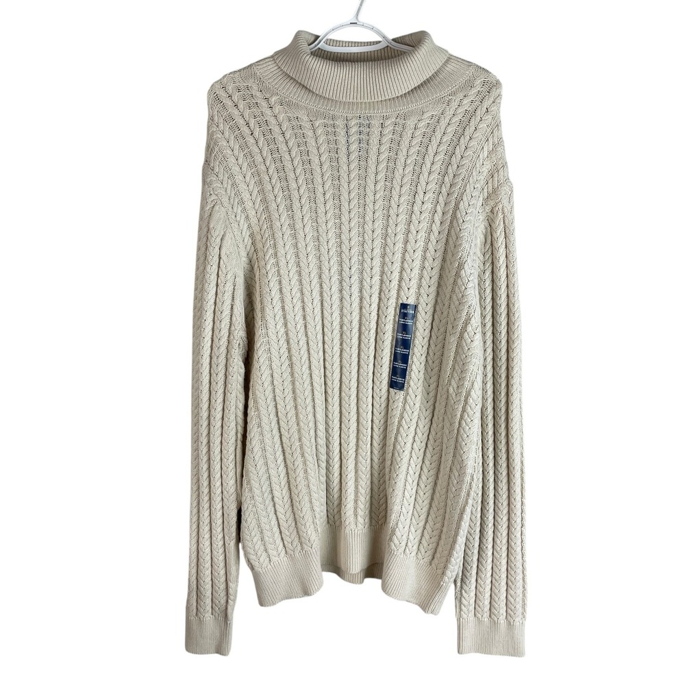 NEW Stafford Mens Cable Knit Turtleneck Sweater 2XL Beige Cotton Regular Fit‎